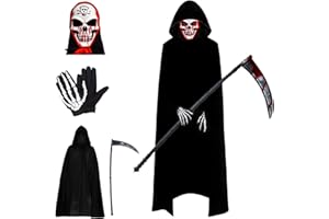 Yi'antai Déguisement faucheur, Costume d'halloween, Halloween Capuche Cape Noire avec Halloween Faucille Masque d'horreur et des Gants de crâne pour Halloween Décoration Faucheuse