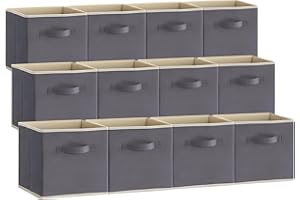 Lifewit Lot de 12 Cubes de Rangement, Boite Rangement Tissu, Caisse Rangement Pliable, Panier de Rangement Décoratifs, Bac de Rangement Placard Vetement avec Poignées, 26,5 x 26,5 x 28 cm, Gris