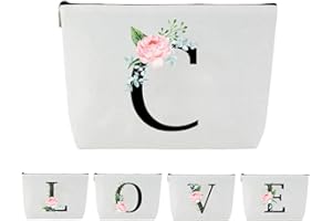 Blisswave Pochette Personalizzata dalla A alla Z, Regali per Donna, Mamme e Amica, Regali di Natale e Compleanno, Elegante e Carina Beauty Case da Viaggio con Iniziale Nome Floreale Rosa (Bianco)