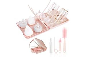 FXXQHT Baby Bottle Brush Set, 6-in-1 Travel Bottle Cleaning Kit with Silicone Bottle Brush, Nipple & Straw Brush, Soap Dispenser, Drying Rack & Storage Box – Compact Baby Essential for Home & On-The-Go