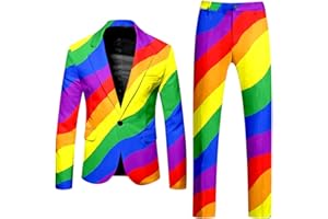 Mymyguoe Neon Coloured Suit 2-Piece Men's Slim Fit Suit Jacket Suit Trousers Two Piece Set Funny Novelty Rainbow Suit Blazer Set Neon Theme Party Outfit Disco Night Club Performance Costume Set