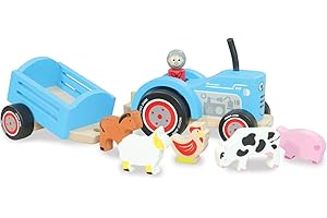 Indigo Jamm Tractor Tim, Retro Wooden Toy Vehicle and Detachable Trailer with Farm Animals and Removable Driver