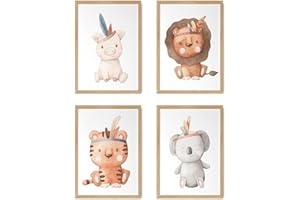 HappyArts® | Kinderzimmer Bilder A4 Poster 4er Set Deko Mädchen Junge Babyzimmer | Tiermotive Boho Aquarell Modern Federschmuck Löwe Koala Tiger OHNE RAHMEN