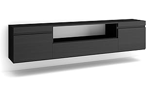 Skraut Home | Mobile TV Soggiorno | Ampio spazio a disposizione | 200x45x35cm | Per TV fino a 80" | Sospeso, da appendere | Stile moderno | Nero