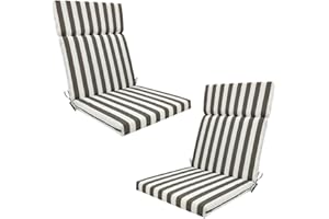 BJWU Set of 2 Waterproof High Back Garden Chair Cushions with Ties - Indoor/Outdoor Seat Pads for Patio, Loungers, Recliners & Rocking Chairs (Khaki Stripes, 45 ×107 × 3cm)
