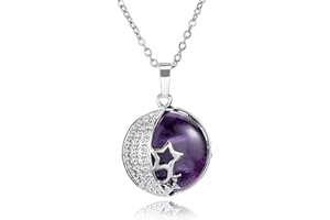 Jovivi Natural Amethyst Crystal Gemstone Pendant Moon and Star Healing Reiki Chakra Stone Necklace Jewellery for Women