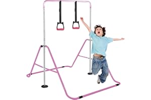 SUDOO Folding Gymnastics Bar With Rings, Folding Horizontal Bar, Adjustable Height Folding Horizontal Bar, Gymnastics Equipment for Home Garden, Expandable Gymnastics Training Bar for Kids Girls