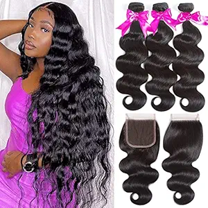 Flady Hair Brazilian Virgin Human Hair 3 Bundles with Lace Closure Unprocessed Brazilian Body Wave with Closure Free Part Black Color (22 24 26+18inch free part closure)