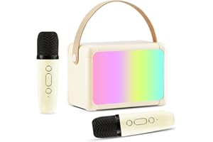 Giecy Karaoke 2 Microfonos Inalambricos,Altavoz Karaoke Bluetooth para Infantil y Adultos para Regalos con USB/Tarjeta TF/AUX Fiesta Familiar en Casa(Beige)