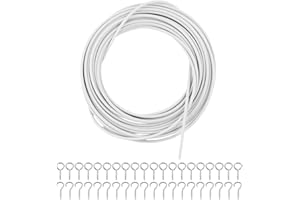 QWORK® 10M Alambre de Cortina, gusanillo para Cortinas, Cuerda de Cortina recubierta de plástico, con 20 Piezas de Ojales de Tornillo y 20 Piezas de Ganchos