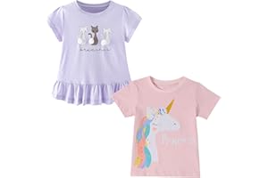 Codkkre T-Shirt Estiva Bambina 2 Pezzi, Maglietta a Maniche Corte per Bambine in Cotone Morbido, con Disegni di Unicorno, Coniglio e Cuori, Scollo Tondo e Maniche Volant