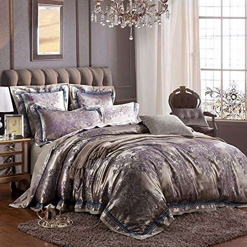 Luxury Satin Jacquard Embroidered Bedding Sets Include 1 Duvet Cover 1 Flat Sheet 4 Pillowcases KL-TKZC (6pcs Double Size)