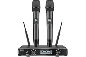 TONOR Micrófonos inalámbricos, Micro de Mano Doble Dinámico, Karaoke Sistema de Mic con Receptor para Karaoke, KTV doméstico, DJ, Boda, Fiesta, Iglesia, 2x5 UHF Frecuencias Ajustables, 60M TW450 Gris