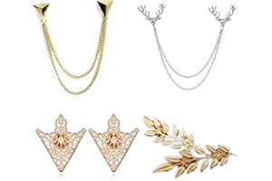 YouU 4 Pcs Deer Head Double Link Chains, Gold Stud, Retro Hollow Pattern and Angle Triangle Tassels Collar Pins Brooch Clip Pin Brooches Shirt Collar Decoration Parts with Transparent Box