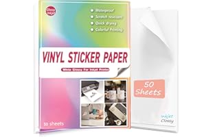FGGNCBL Waterproof Printable Vinyl Stickers Paper for Inkjet Printer- 50 Glossy Sticker Paper White Decal Cricut Sheets A4 - Holds Ink Beautifully & Dries Quickly