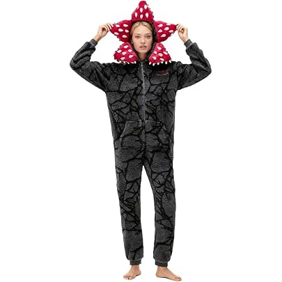 Pigiama Intero Unisex D-Demogorgon In Pile - Con Cappuccio Decorato, Maniche Lunghe, Nero Con Motivo, Per Adulti