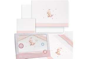 mibebestore - Juego de Sábanas para Minicuna 50x80 cm de Franela 100% Algodón | Sábanas de Invierno Cálidas y Suaves para Bebé | Set 3 Piezas (Bajera, Encimera y Almohada) | Oso Luna Rosa