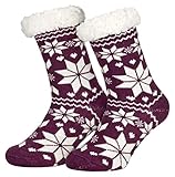 Piarini 1 Paar Kuschelsocken mit ABS Sohle - warme Damen Socken Hüttensocken - Wintersocken mit Anti Rutsch Noppen - Eiskristall- Violett (One-Size)