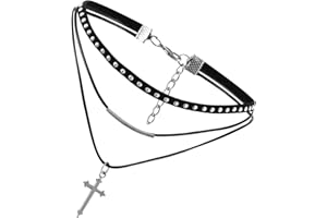 Flongo Collier Ras du Cou pour Femme Fille, Choker Multi-Rangs Velours Noir Rivets Pendentif Croix Vintage Punk Rock Chaîne Réglable Fantaisie Cadeaux Anniversaire Noël Toussaint