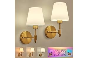 HARPER LIVING Battery Operated Wall Lights Set of 2, Wireless LED Wall Lamps with Fabric Shade & Remote, 3CCT 9 RGB Dimmable Rechargeable Bulbs Sconce Light for Bedroom Living Room Hallway (Brass)