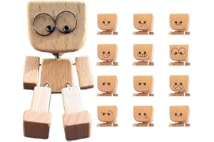 Cikiki Shaking Feet Wooden Doll,Shaking Wooden Man Figurine,Wood Car Desktop Decoration,Handmade Car Dashboard Accessories with 12PCS Magnetic Expressions,Gifts for Wife Daughter