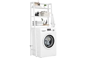 MallKing Meuble de Rangement Machine a Laver, Étagère de Rangement à 3 Niveaux au-Dessus des Toilettes, Économiseur d'Espace de Salle de Bains,100% Bois et Facile à Assembler (Blanc)