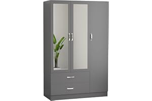 Nera 3 Door Wardrobe with Drawers Mirror Shelves and Hanging Rail Tall Wardrobes for Bedrooms Storage (Grey)