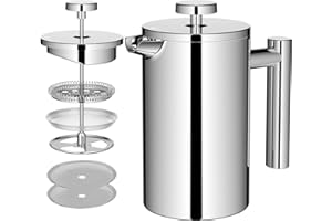 MaxMiuly Caffettiera French Press 0,65 litri, 3 tazze in acciaio inox a doppia parete, 650 ml, piccola pressa francese, argento