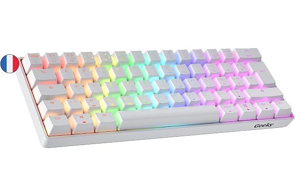 Geeky GK61 60% | Hot Swappable Clavier de Jeu Mécanique | 62 Touches Multicolores Rétroéclairées RGB LED pour Gaming PC/Mac | ISO FR AZERTY Clavier Français (Blanc, Mechanical Speed Silver)