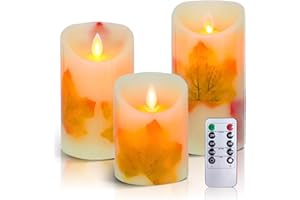 AiiBowy Foglia di Acero Candela LED [3 Pezzi] Candele LED Fiamma Oscillante, Candela Batteria con Telecomando, Cera Vera per Decorazione della Casa, Festa di Nozze, Natale, Halloween - Foglia di Acero