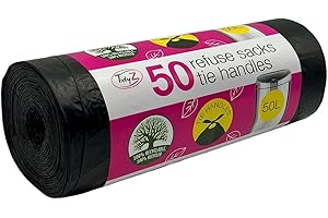 50 TidyZ Heavy-Duty Black Bin Bags. Made from 100% Recycled Plastic. Extra Strong Refuse Sacks with Tie Handles. 50L. For Kitchen, Office and General Household Waste