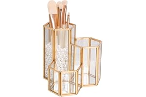 HARLIANGXY Porta Pennelli da Trucco in Ottone, Organizzatore per Pennelli Cosmetici, Organizer Trucchi Vetro, Porta Pennelli Make Up, Oro