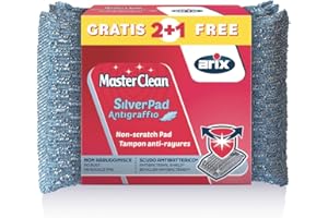 ARIX | 3 SilverPad Spugne Antigraffio Con Rivestimento in Alluminio della linea Masterclean, Spugna con Trattamento Antibatterico, per Superfici Delicate, Antiodori, 3 pezzi