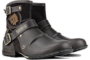 LOKTCH TRYNIS Round Toe Vintage Metallschnalle PU Herren Ritterstiefel/Westernstiefel mit seitlichem Reißverschluss/Martin Stiefel Frühling Herbst Wandern Mittelalter Stiefel Bequeme Oxford-Boden C 43