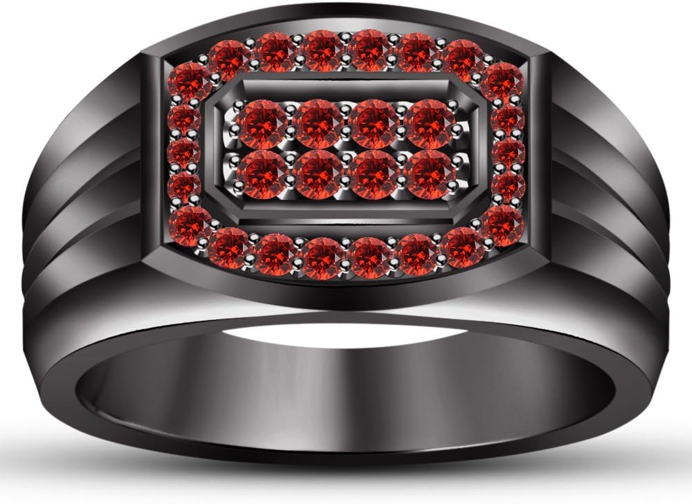Vorra Fashion Men's Round Cut Red Garnet Black Rhodium Plated 925 Silver Wedding Band Ring