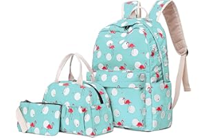 Flamingo School Bag Set, Junlion Soft Polyamide Bag Waterproof Lightweight Laptop Backpack Lunch Bag Pencil Case for Pupils Office Worker Light Green