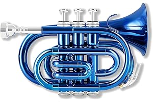 WUQIMUSC Messing Pocket Trompete Bb Schlüssel vernickelt mit Mundstück 7C, blau，Reinigungsset, Tragetasche, Handschuhe für Anfänger/Studenten