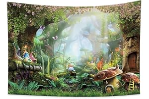 Haoyiyi 150x100cm champignon forêt tapisserie elfe chalet forêt psychédélique dessin animé tenture murale fleurs Forêt magique scène de printempsTapisserie murale pour décor de chambre