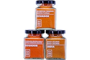 DAMUNE Chiles Más Picantes del Mundo 45g: Carolina Reaper Molido, Bhut Jolokia Molido & Scorpion Trinidad Butch T Molido