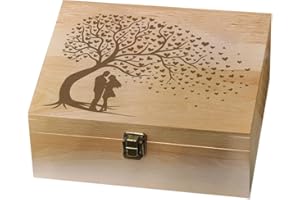 Arricraft Wooden Memory Keepsake Box, Love Theme Couple Tree Box with Lid Lock Storage for Photo Letter Wedding Valentine, 7.6x9.6x4inch(19.5x24.5x10.3cm)