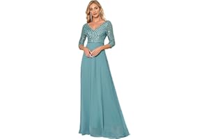 Ever-Pretty Robe de Soirée à Paillettes Manches Longues Femme A-Line Col V Empire Élégante 00751