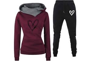 GENERICO Donna Tuta Sportiva Set Stampa Forma di Cuore Maniche Lunghe Felpa con Cappuccio e Jogging Pantaloni Invernale Abbigliamento Cotone Elegante Fitness Completo Sportivo Tuta Ginnastica 2 Pezzi Curvy