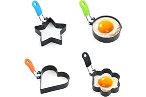 KINWODON 4 Pcs Stainless Steel Fried Egg Ring Mould, Anti-Scald Poached Egg Moulds Egg Cooking Mold with Handle Egg Ring Non Stick Frying for Frying Eggs and Muffins
