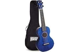 Mahalo Hano Concert Ukulele, Wooden Musical String Instrument with Geared Machine Head & Instrument Case, Beginners Ukulele Concert Kit for Adults, Transparent Blue