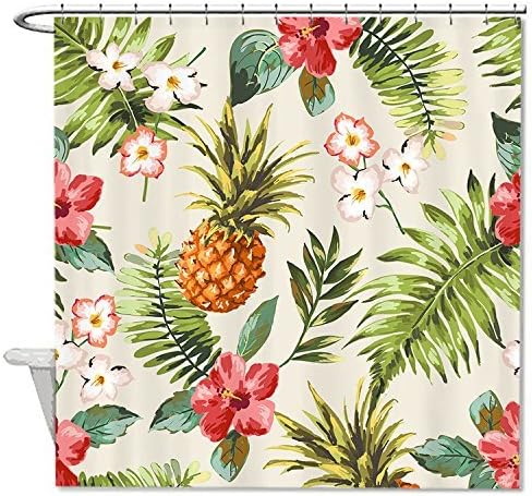 Rioengnakg Mildew Resistant Fabric Tropical watercolor flowers and Pineapple Shower Curtain Polyester Waterproof Shower Curtain 72" X 72"