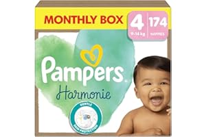 Pampers Harmonie Nappies Size 4, 174 Nappies, 9kg-14kg, Monthly Pack, Gentle Skin Protection with 100 Percent Pampers Protection