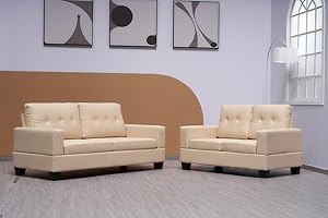 SOFAHEAVEN Cube -Cream Bonded Leather 3+2 Seater Sofa Set- Highback Fabric Couch Living Room Furniture - 3 Seater settee - 2 Seater sofas & couches (Cream, 3+2 Seater Sofa)