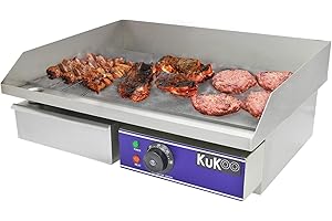 MONSTER SHOP Plancha Profesional Antiadherente Eléctrica de 50cm de Acero Inoxidable Grill Parrilla de Asar Cocina Cocción Barbacoa BBQ+Protector contra Salpicaduras+Cajón Drenaje para Grasa+Termostato Ajustable