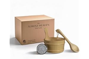 Almost Heaven Saunas Sauna Bucket & Ladle Set with Thermometer, Cedar Wooden Bucket with Handle Handmade in USA, Stoke Hot Rocks with Ladle, Luxury Accessories to for Perfect Amount of Heat & Steam