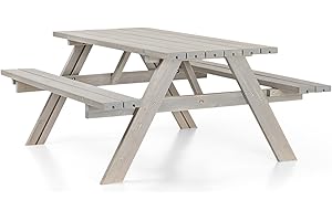 AMATA Table de pique-nique au design classique avec sièges pliables, collection UNGURS – Table de pique-nique en bois résistant aux intempéries pour l'extérieur, parfaite pour le jardin et la terrasse